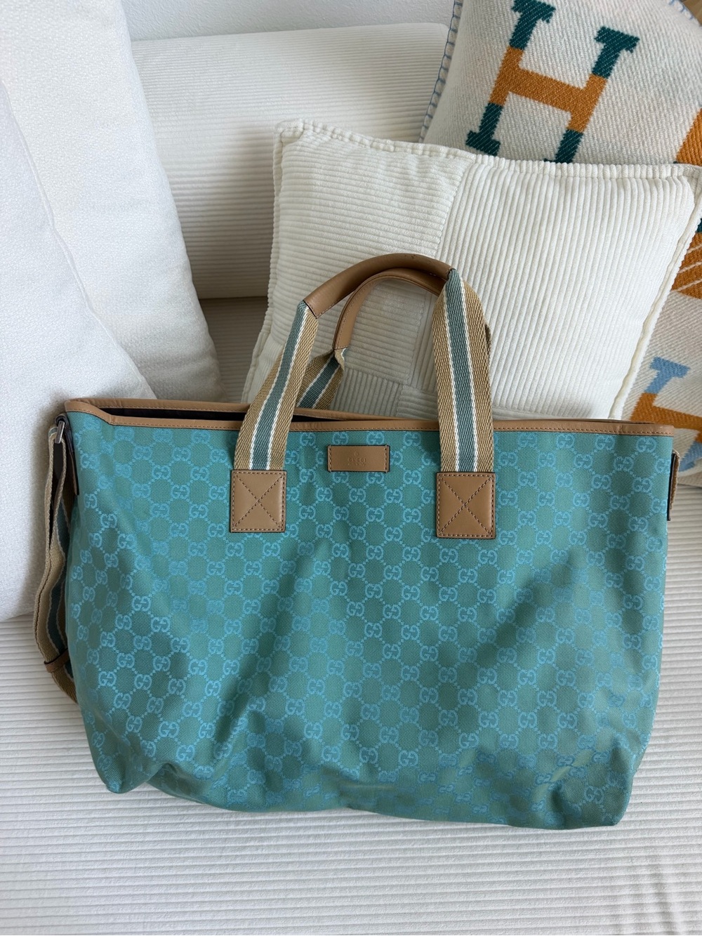 Gucci Aqua GG Canvas Tote with Tan Trim and Striped Handles